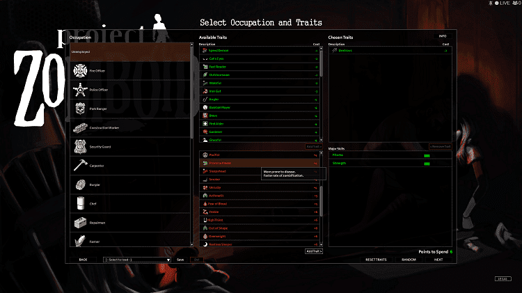 traits project zomboid